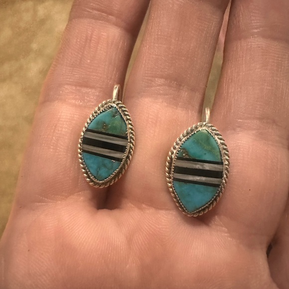 VTG Sterling Turquoise and Black Inlay earrings